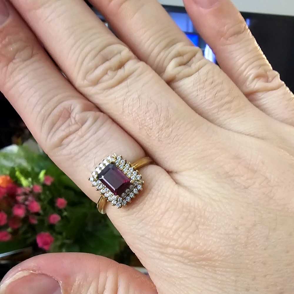 Emerald Cut Pink Rhodolite with CZ Halo Gold Plated 925 Ring Size 7